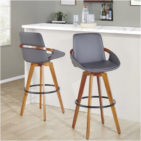 JERFIT Modern Swivel Bar Stool with Faux Leather Seat, Bamboo Arms, and Footrest for Kitchen Island Counter