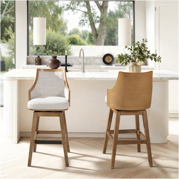 JERFIT Modern Swivel Bar Stool with Rattan Back, Upholstered Seat, 360-Degree Spin and Footrest for Kitchen Island, Breakfast Nook, Gray