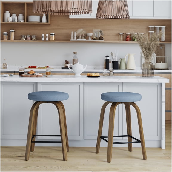 JERFIT Modern Swivel Bar Stools Set of 2, Blue Fabric Counter Height Stools with Footrest, Backless Kitchen Island Stools for Home Bar and Dining Room