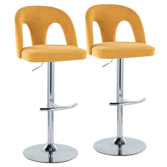 JERFIT Modern Swivel Bar Stools Set of 2, Adjustable Height Kitchen Counter Stools with Chrome Base and Comfortable Yellow Fabric Upholstered Seat