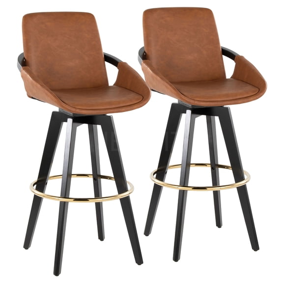 JERFIT Modern Swivel Bar Stools Set of 2, Faux Leather Counter Height Stools with Round Footrest, Black Wood Frame, Camel Upholstery