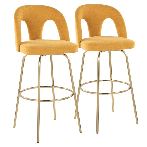 JERFIT Modern Swivel Bar Stools Set of 2, Gold Metal Counter Height Stools with Yellow Fabric Upholstery and Round Footrest