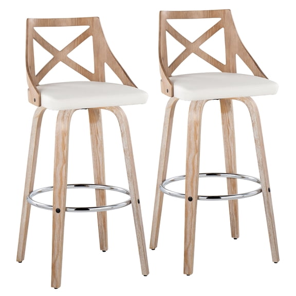 JERFIT Modern Swivel Bar Stools Set of 2, White Faux Leather Upholstered Counter Stools with Chrome Footrest, Farmhouse Kitchen Island Stools
