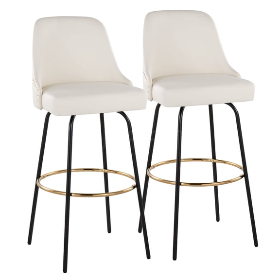 JERFIT Modern Swivel Bar Stools Set of 2, White PU Leather Counter Stools with Gold Accents, Black Metal Frame and Footrest