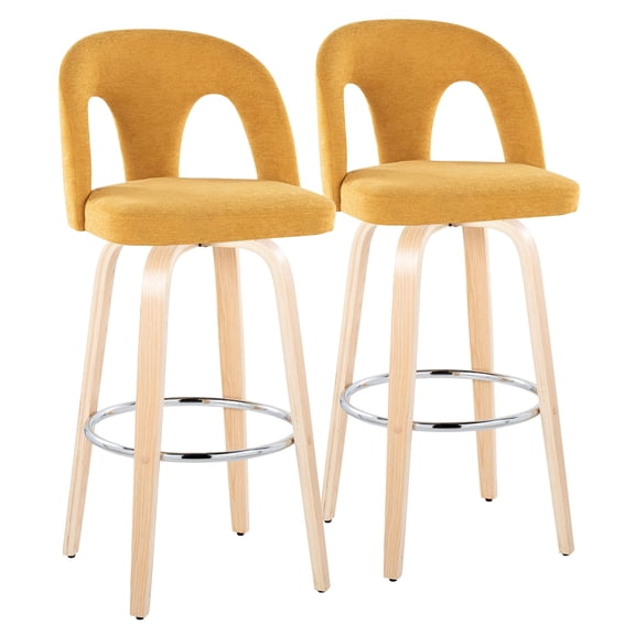 JERFIT Modern Swivel Bar Stools Set of 2, Yellow Fabric Counter Height Stools with Chrome Footrest and Natural Wood Legs