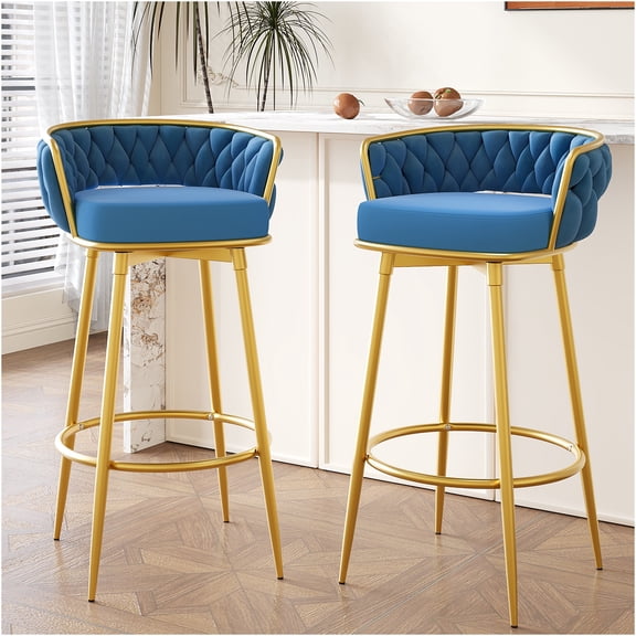 JERFIT Modern Swivel Bar Stools Set of 2 with Hand-Woven Backrest, Gold Metal Legs & Upholstered Seat for Kitchen Island, Dining Room in Blue