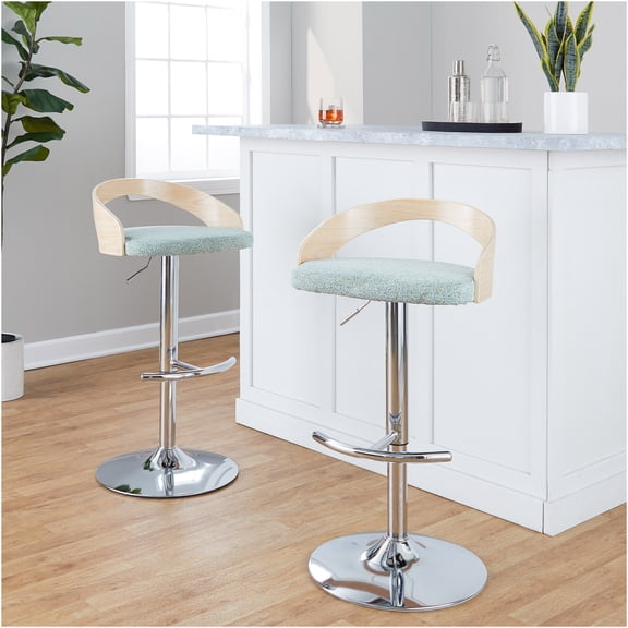 JERFIT Modern Swivel Bar Stools Set of 3, Adjustable Height Counter Stools with Chrome Base and Natural Wood Seat, Upholstered in Light Green Fabric