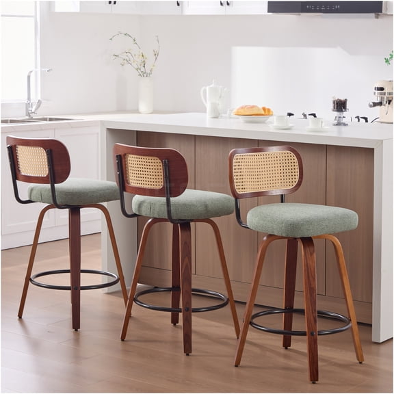 JERFIT Modern Swivel Bar Stools Set of 3, Counter Height with Rattan Back and Light Green Linen Seat for Kitchen Island, Dining Room