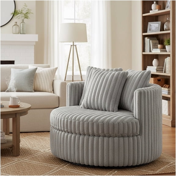 JERFIT Modern Swivel Barrel Chair, Ultra Plush Oversized Round Accent Chair with 360 Swivel, Grey Polyester Fabric, for Living Room, Reading Nook