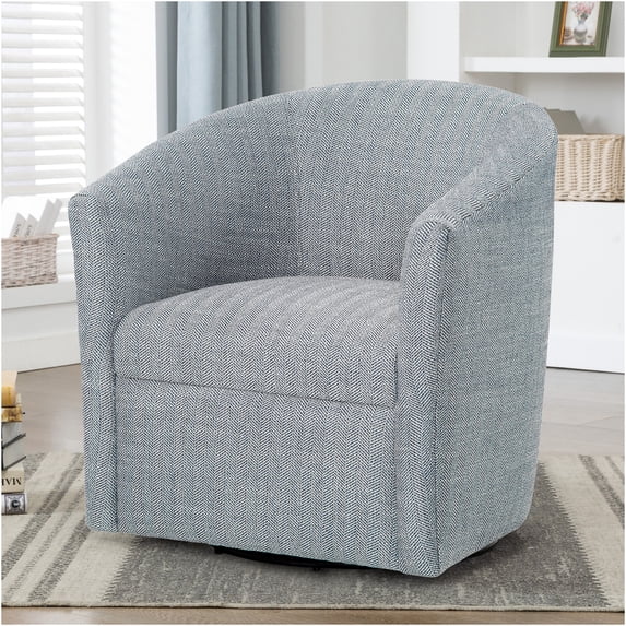 JERFIT Modern Swivel Barrel Chair with High Back, 360° Rotation, Indigo Blue Herringbone Fabric, for Living Room, Bedroom, Office