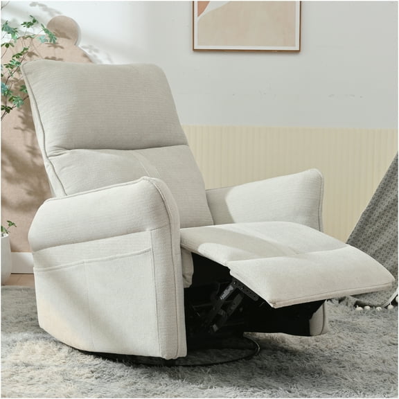 JERFIT Modern Swivel Glider Recliner Chair with Pull Ring, 360 Rotation Rocking Recliner for Living Room, Nursery, Bedroom, Upholstered in Soft Gray Fabric