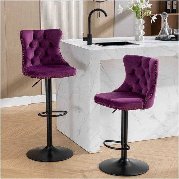 JERFIT Modern Swivel Velvet Bar Stools with Backs, Adjustable Height Upholstered Counter Stools for Kitchen Island, Pub, Set of 2, Purple