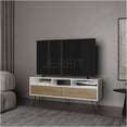 thumbnail image 1 of JERFIT Modern TV Stand with Drawers, Minimalist Entertainment Center with Open Shelves for Living Room, White and Macadamia Engineered Wood Console Table, 1 of 7