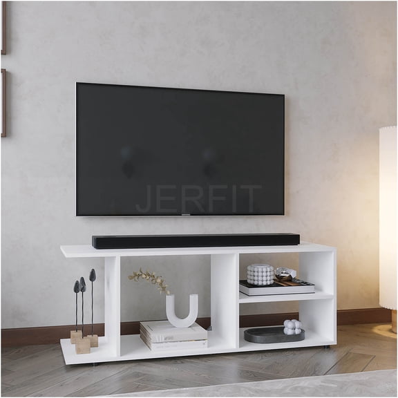 JERFIT Modern TV Stand with 4 Shelves, White Entertainment Center Console Table with Legs for Living Room, Engineered Wood Media Storage