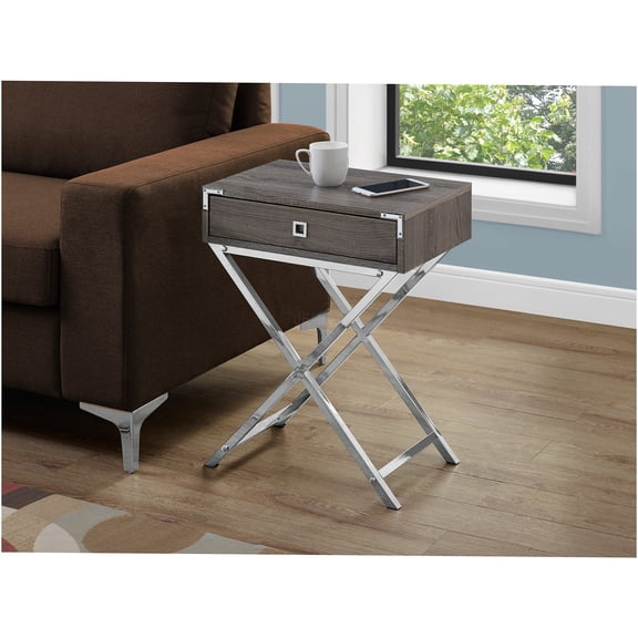 JERFIT Modern Taupe Accent Table with Drawer, Retro X-Leg Side Table for Living Room, Bedroom Nightstand with Storage, Brown Laminate Top on Chrome Metal Legs