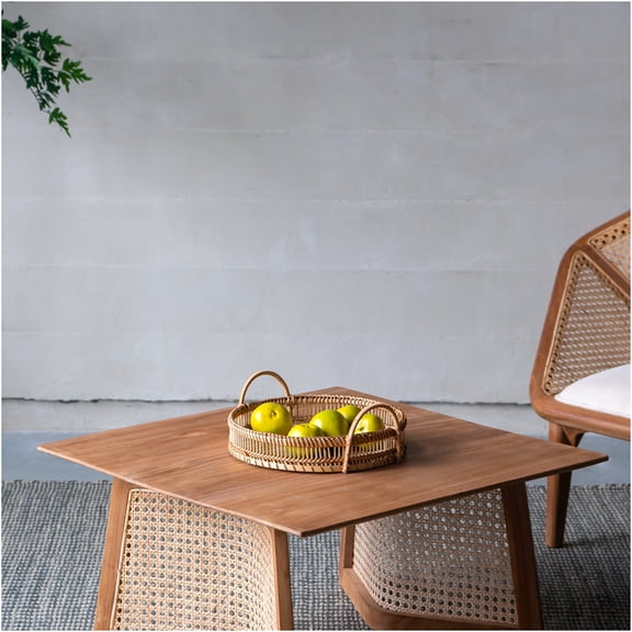 JERFIT Modern Teak Coffee Table with Rattan Shelf, 27.6 Inch Square Natural Wood Sofa Table for Living Room