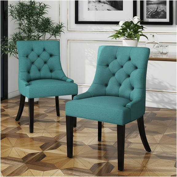 JERFIT Modern Teal Fabric Upholstered Dining Chairs Set of 2 with Diamond Tufted Back and Sloped Arms for Kitchen and Dining Room