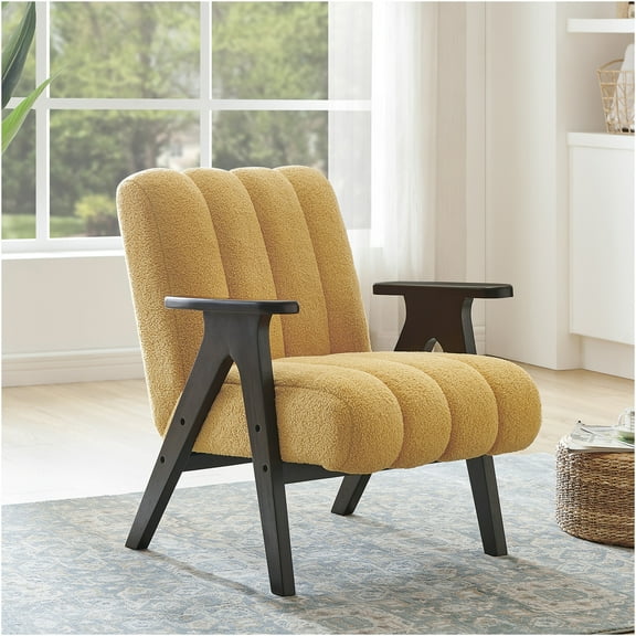 JERFIT Modern Teddy Sherpa Accent Chair, Plush Upholstered Armchair with Solid Wood Frame for Living Room, Bedroom, Yellow