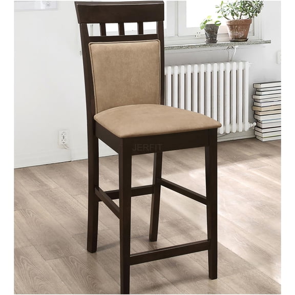 JERFIT Modern Transitional Counter Stools Set of 2, Upholstered Microfiber Bar Stools with Solid Back for Kitchen Island, Beige and Brown