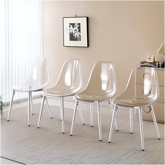 JERFIT Modern Transparent Dining Chairs Set of 4, Clear Plastic Shell with Metal Legs, Matte White Contemporary Kitchen Office Cafe Chairs