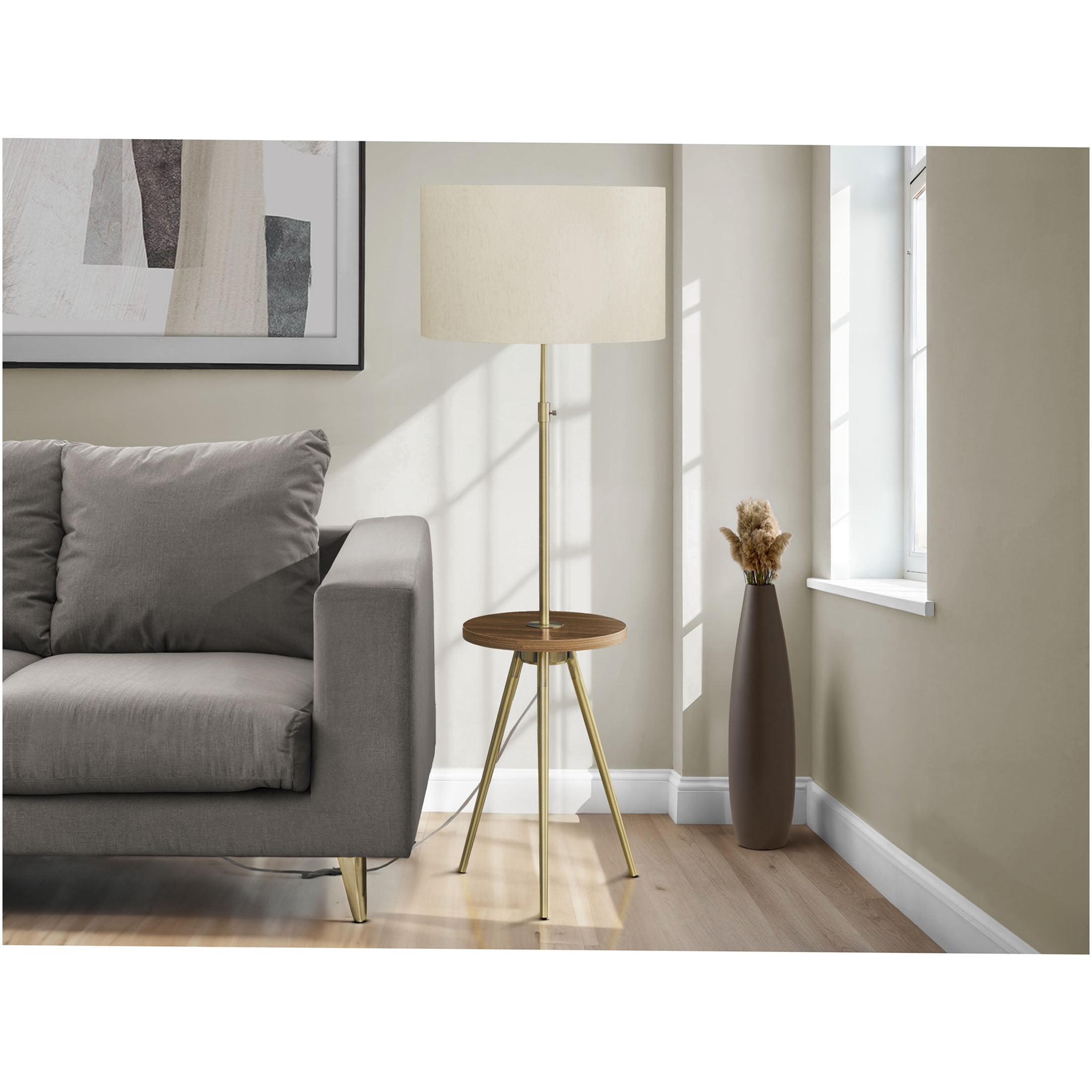 JERFIT Modern Tripod Floor Lamp with Side Table, Adjustable Reading Light for Living Room, Bedroom, Office, Gold Metal, Ivory Drum Shade