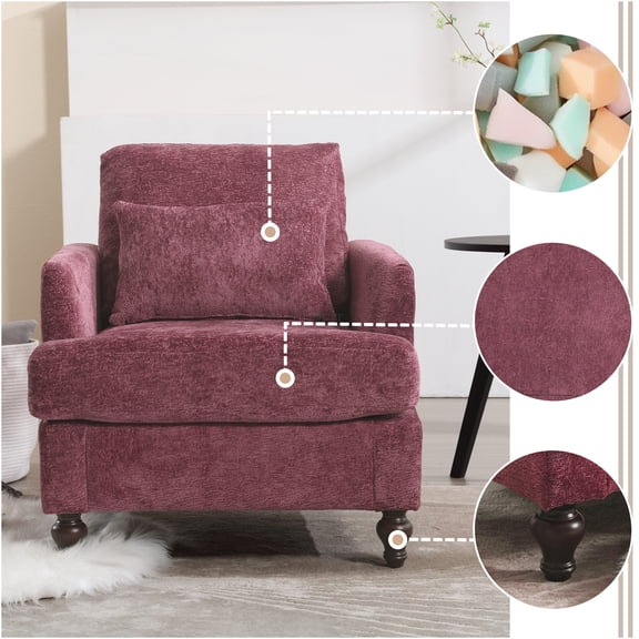 JERFIT Modern Tufted Accent Chair with Nailhead Trim, Plush Chenille Upholstery, Solid Wood Frame for Living Room, Bedroom, Office in Wine Red