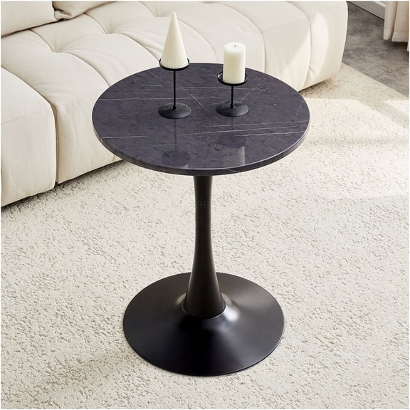 JERFIT Modern Tulip Pedestal Table, Round Dining Table for Small Space, Faux Marble Top with Metal Base, Kitchen Bistro Cafe Table for Living Room, Black Gray