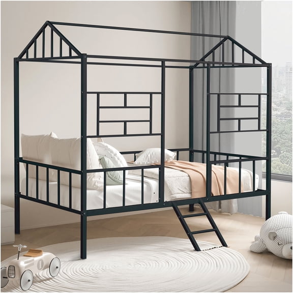 JERFIT Modern Twin Bunk Bed with House Roof Design, Full Metal Frame Angled Ladder, Space-Saving Black Loft Bed