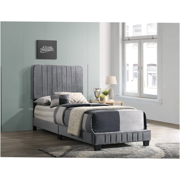 JERFIT Modern Twin Size Bed with Velvet Upholstery, Channel Tufted Headboard, Gray Bed Frame for Small Spaces