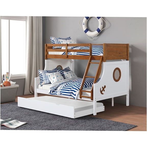 JERFIT Modern Twin over Full Bunk Bed with Trundle, White Oak Finish, Space-Saving Design for Guest Shared Rooms