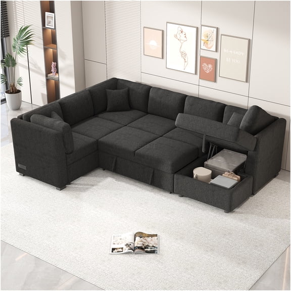 JERFIT Modern U-Shape Pull Out Sofa Bed with Storage Chaise, USB Charging & Power Outlets, 5-Seat Chenille Sectional Couch for Living Room, Black