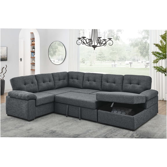 JERFIT Modern U-Shape Sectional Sofa Bed with Storage Chaise, Dark Gray Linen Blend Fabric Convertible Sleeper for Small Spaces