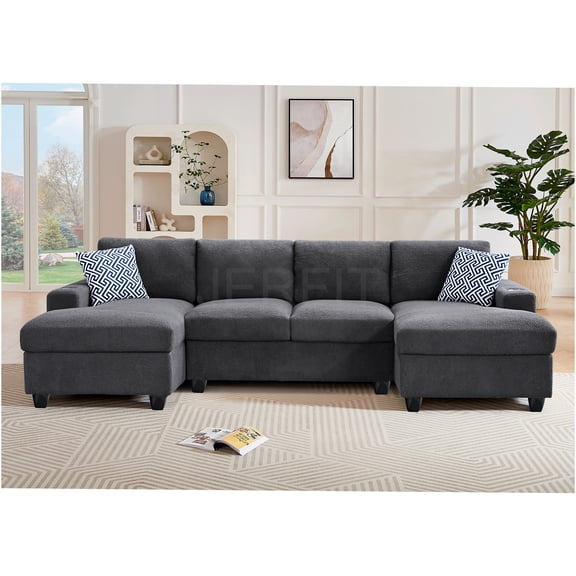 JERFIT Modern U-Shape Sectional Sofa with Chaise, Plush Wool Blend Fabric, Cup Holders & Modular Design for Living Room, Dark Gray