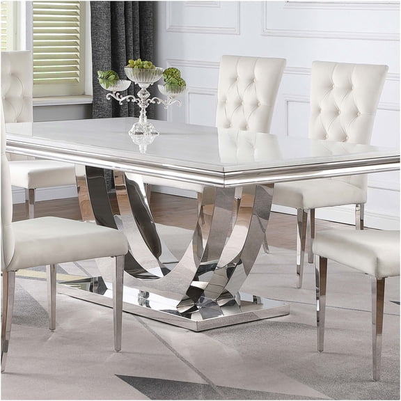 JERFIT Modern U-Shaped Base Dining Table for 6, White and Silver Stainless Steel Rectangular Table with Faux Marble Top for Dining Room