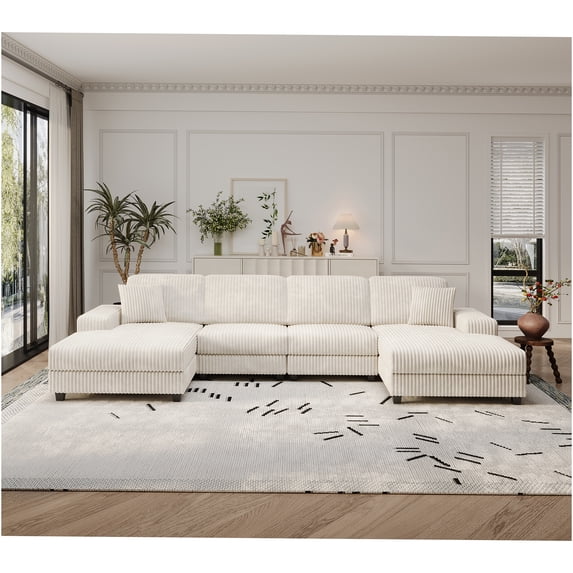 JERFIT Modern U-Shaped Convertible Sectional Sofa with Storage, Corduroy Fabric, 4-Seat Large Chaise Lounge for Living Room, Beige