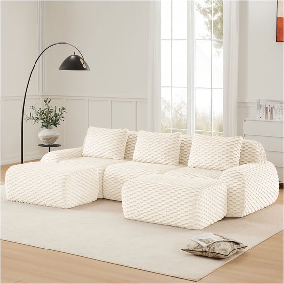 JERFIT Modern U-Shaped Sectional Sofa 3-Seater with Ottoman, Large Flannelette Fabric Couch for Living Room, No Assembly Required, Cream