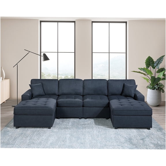 JERFIT Modern U-Shaped Sectional Sofa Set with Chaise, Dark Blue Dorris Fabric Couch for Living Room, Tufted Low Profile Design with Square Arms