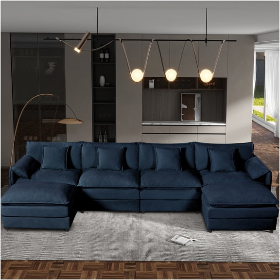 JERFIT Modern U-Shaped Sectional Sofa with Ottomans, 6-Piece Modular Cloud Couch Set, Plush Chenille Fabric, Deep Seating for Large Living Room, Blue