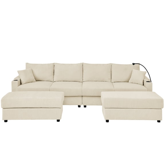 JERFIT Modern U-Shaped Sofa with Storage Ottomans, Beige Corduroy Sectional Couch with Cup Holders and Phone Pockets for Living Room