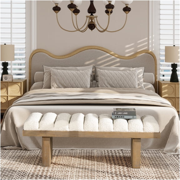 JERFIT Modern Upholstered Accent Bench with Channel Tufting, Soft Boucle Fabric, Sturdy Wood Legs for Living Room, Bedroom, Entryway