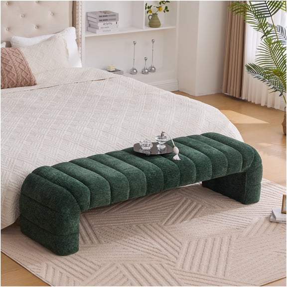 JERFIT Modern Upholstered Armless Bench, Channel Tufted Chenille Daybed Chaise Ottoman for Bedroom, Living Room, Entryway, Green Sofa Couch