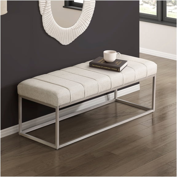 JERFIT Modern Upholstered Bench with Channel Tufting, Entryway Storage Bench for Bedroom, Plush Fabric Seat and Champagne Metal Legs