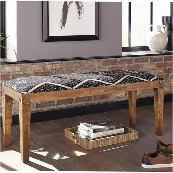 JERFIT Modern Upholstered Bench with Geometric Pattern, Solid Mango Wood Frame, Boho Chic Accent Stool for Bedroom Entryway
