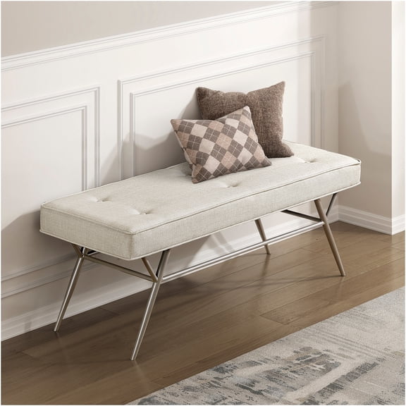 JERFIT Modern Upholstered Bench with Tufted Seat, Plush Beige Fabric and Champagne Metal Legs for Entryway, Bedroom, Living Room