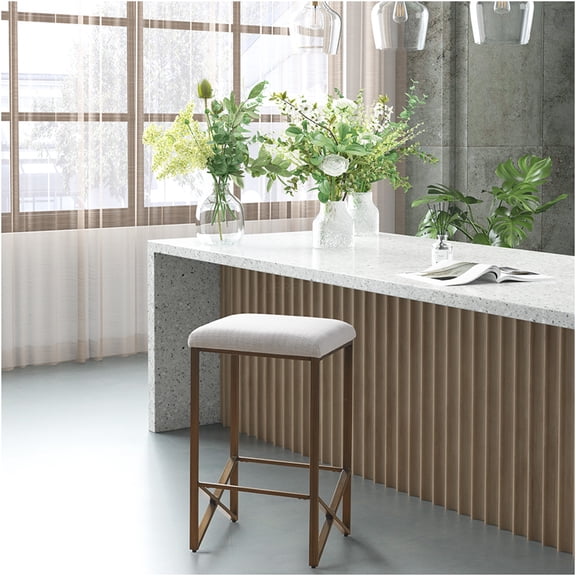 JERFIT Modern Upholstered Counter Stool with Bronze Metal Base, Padded Ivory Fabric Seat for Kitchen Island, Dining & Bar, Space-Saving Backless Design