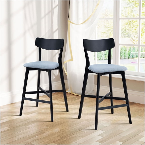 JERFIT Modern Upholstered Counter Stools Set of 2, Black Solid Wood Kitchen Island Chairs with Backrest and Footrest for Dining, Bar, Living Room