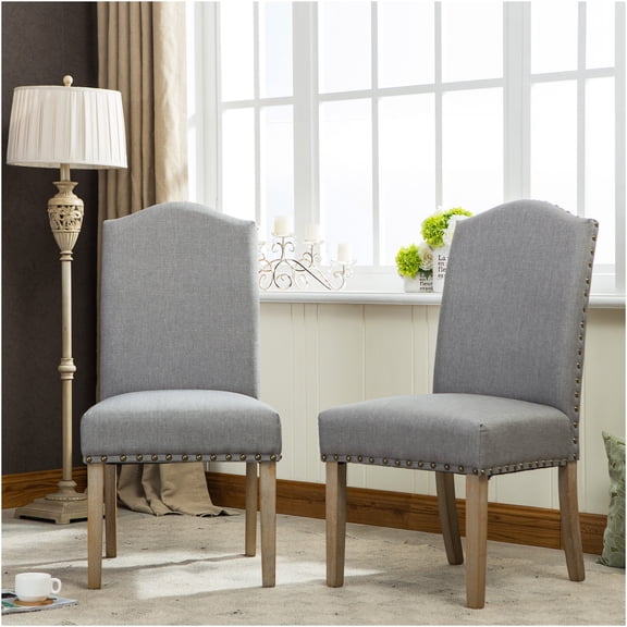 JERFIT Modern Upholstered Dining Chairs Set of 2, Gray Fabric Padded Seats with Nailhead Trim and Solid Wood Legs