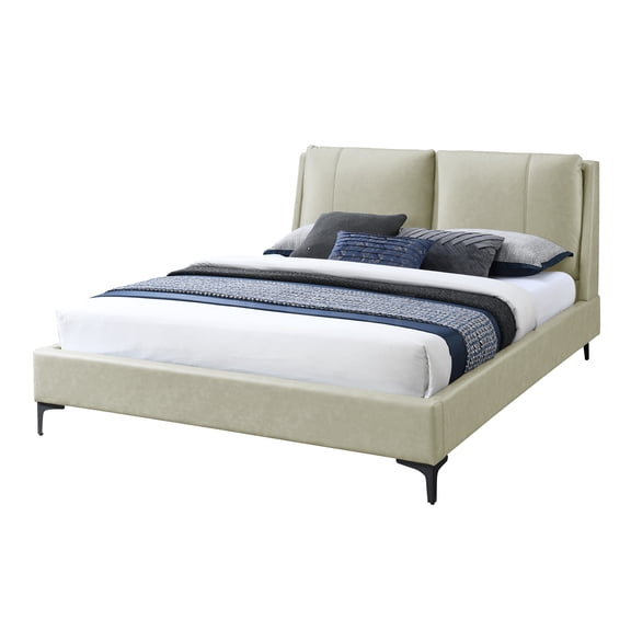 JERFIT Modern Upholstered King Size Bed with Pillow Headboard, Low Profile Platform Bed Frame, Tan Polyester Fabric