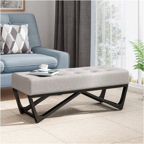 JERFIT Modern Upholstered Ottoman Bench with Storage, Light Grey Fabric Tufted Seat, Bentwood Frame for Living Room Bedroom