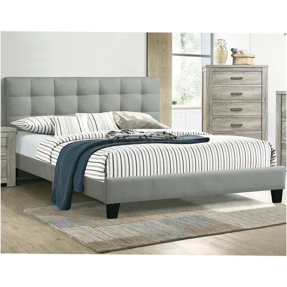JERFIT Modern Upholstered Platform Bed Frame with Tufted Headboard, Eastern King, Light Gray, No Box Spring Needed